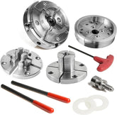 NCK-4M/S1 4" 4 Jaw Mini Self-Centering Chuck, Thread 1"x8TPI, with Dovetail Jaws, Step Jaws, Pin Jaws, Wide Jaws, T Handle Allen Key, 2pcs Level Wrench, Wood screw and Two Nylon Washers.